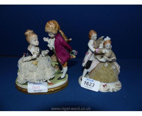 An Unter Weiss Bach lace porcelain model of a couple on a bench, 6 3/4''.