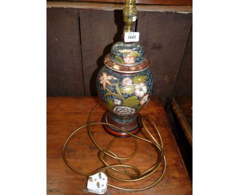 A Chinoiserie table Lamp in the form of a lidded ginger jar of baluster shape, grey ground with flower depicted in polychrome