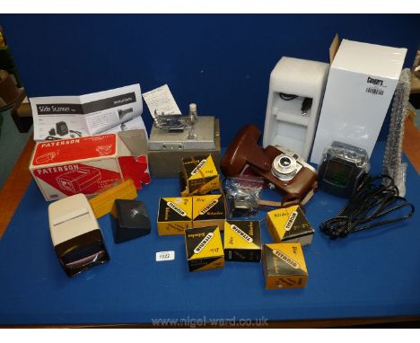 A quantity of miscellanea including a Bell and Howell 604 film slicer, an Agfa Isola 1 film camera, Paterson Majorview 6 x 6 