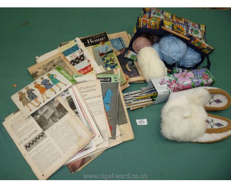 A box of hand and toilet bags, knitting bag of wool, bead decorated moccasins, vintage dressmaking and other patterns.