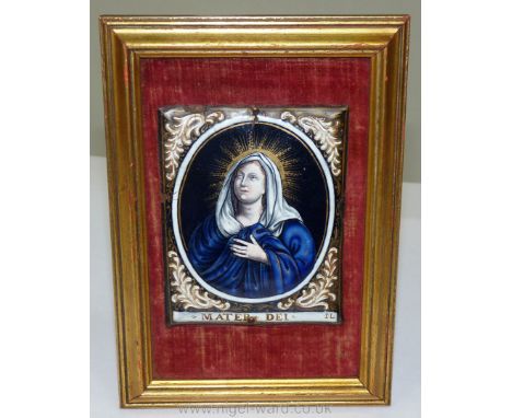 Jacques Laudin II, a late 17th century Limoges enamel Plaque of 'Mater Dei', signed IL lower right;  mounted on a velvet line