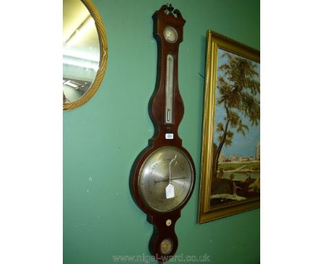 A nice quality Boxwood strung Mahogany cased four point Banjo Barometer with hygrometer, thermometer, barometer and levels wi