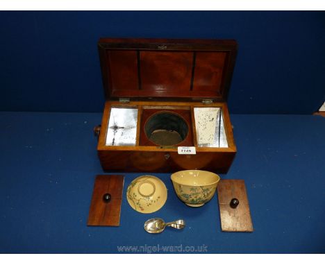 An Edwardian Walnut Tea Caddy with oval inlay to the lid with dove detail and lid opening to reveal the central compartment h