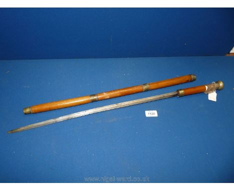 A Bamboo Sword Stick with spring release mechanism and three brass collars and knop, blade 21'' long, 29 1/2'' overall