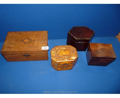 A six sided Georgian Rosewood tea Caddy, small tea caddy, eight sided leather covered box and another box, all a/f