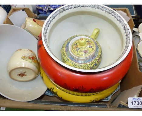 A quantity of china including; German vase, Chinese bowl and sucrier, Royal Doulton Bunnykins and a green and white 'Alexande