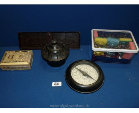 A quantity of miscellanea including Bakelite pot, barometer and cribbage board, six penny licks and Mother of Pearl trinket b