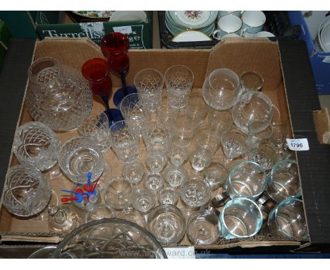 A quantity of glasses including brandy glasses, glass cocktail stirrers, a 'Georgian' Crystal Tutbury Ltd. glass, plus a lamp