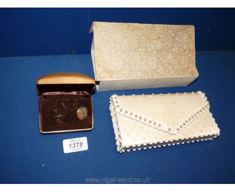 A white satin and pearl vintage Evening Bag in original box 'Empire made' together with a pair of vintage Churchill's Club, 1