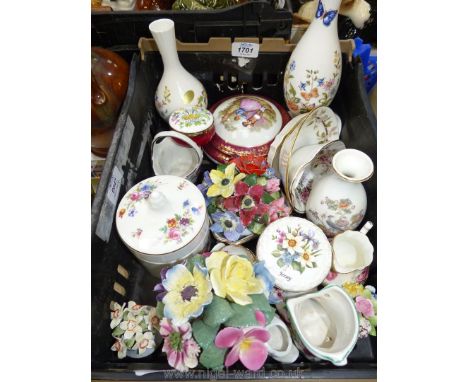 A small quantity of china ornaments including Old Country Roses swan, Aynsley bud vases, Wedgwood and Royal Worcester pin dis