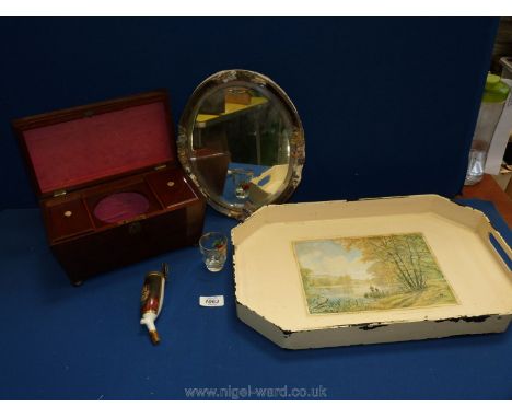 A cream tray with wooden tea caddy, mirror, ceramic pipe etc.