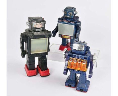 3 Roboter ( Television Robot u.a.), Japan, 24-28 cm, Blech, Kst, Funktion nicht geprüft, Z 2