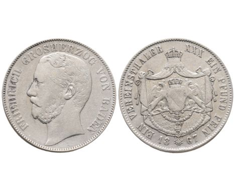 Baden Durlach, Friedrich I. 1852-1856-1907, Vereinstaler 1867, 18,27 g. Thun 31; AKS 124. Sehr schön