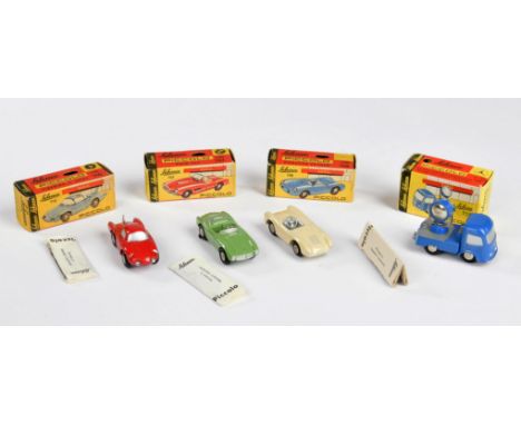 Schuco, Piccolo BMW 507 (707), Porsche Spyder 708, Scheinwerferwagen 755 + Firebird 710, W.-Germany, 1:90, min. LM, Okt, Z 1-