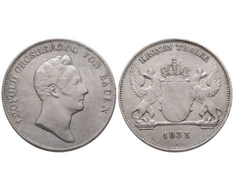 Baden Durlach, Karl Leopold Friedrich, 1830-1852, Kronentaler 1833, 29,40 g. Thun 19, AKS 79. Winz. Randfehler, sehr schön