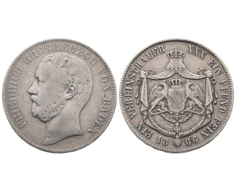 Baden Durlach, Friedrich I. 1852-1856-1907, Vereinstaler 1866, 18,36 g. Thun 31; AKS 124. Sehr schön