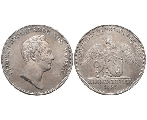 Baden Durlach, Karl Leopold Friedrich, 1830-1852, Kronentaler 1836, Ausbeute, 29,55 g. Thun 22; AKS 85. Hübsche Patina, kl. R