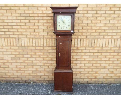 An early 19th century oak and mahogany cased 30-hour longcase clock, 13 inch painted dial, applied gilt floral decoration to 