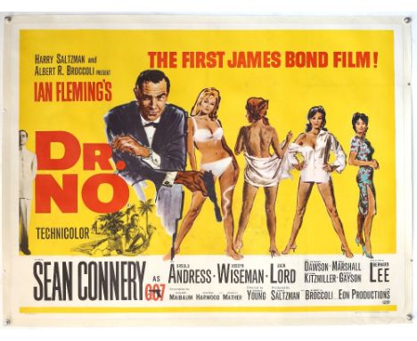 James Bond Dr No (1962) British Quad film poster for the first James Bond film, illustration by Mitchell Hooks, starring Sean
