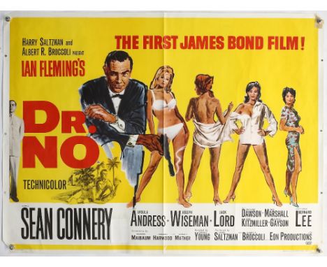 James Bond Dr No (1962) British Quad film poster for the first James Bond film, illustration by Mitchell Hooks, starring Sean