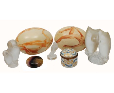 A PAIR OF OSTRICH EGGS, painted with dancing female nude figures, one signed with initials C.S.T, a small Blue-John paperweig