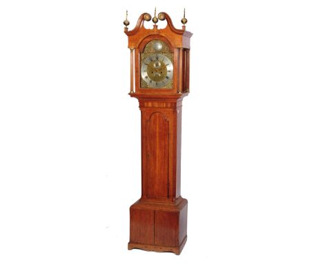 AN OAK EIGHT DAY LONGCASE CLOCK, the 12" brass break arch dial with silvered Roman chapter ring, Arabic five minutes, signed 