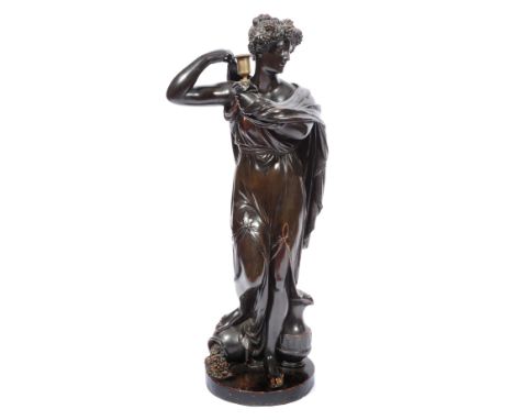 A GEORGE III PLASTER SIMULATED BRONZE LAMP HOLDER in the form of a classical female subject with ewer and brass candle holder