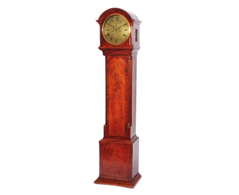 A SCOTTISH MAHOGANY EIGHT DAY LONGCASE CLOCK, the 12" diameter brass Roman dial with Arabic five minutes, subsidiary seconds 