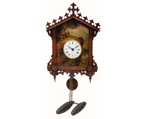 A LATE 19TH CENTURY BEHA STYLE BLACK FOREST CUCKOO CLOCK, Bahnhausle design, the arched painted face decorated with a hunting