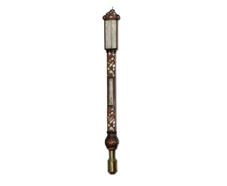 A 19TH CENTURY ROSEWOOD BOW FRONT STICK BAROMETER the twin canted ivory vernier scales signed Vapor, Ulloa over a mercury tub