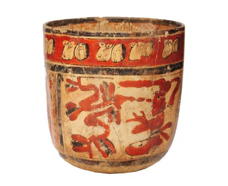 A MAYAN (MEXICO) POTTERY VESSEL, decorated with gesticulating figures and a Tree of Life, red glaze and black slip. Yucatan P