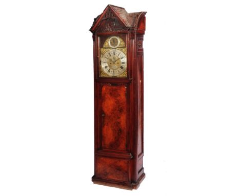 AN UNUSUAL WALNUT LONGCASE CLOCK, the 14" brass break arch dial with silvered Roman chapter ring, Arabic five minutes and fle