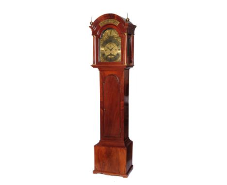 A MAHOGANY 8 DAY LONGCASE CLOCK the 12" break arch brass dial with Roman chapter ring, Arabic five minutes, matted and acanth