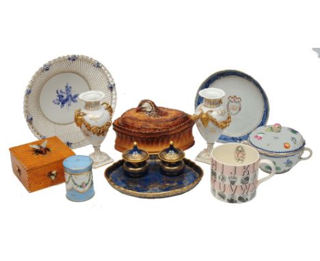 A COLLECTION OF DECORATIVE CERAMICS TO INCLUDE a pair of 19th Century French gilt heightened vases with goat mask and floral 