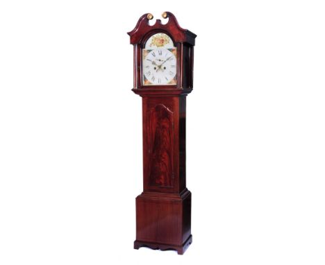 A 19TH CENTURY MAHOGANY COTTAGE 8 DAY LONGCASE CLOCK, the 12" break arch painted Roman dial with subsidiary seconds and date 