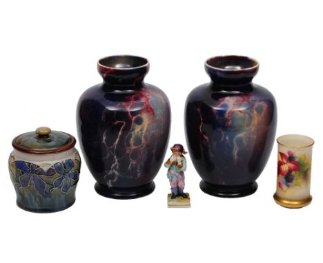 A PAIR OF WILKINSON'S POTTERY ORIFLAMME BALUSTER  VASES, with mottled purple glazes, 22cm high; a Royal Doulton stoneware jar