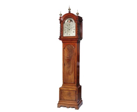 A GEORGE III MAHOGANY EIGHT DAY LONGCASE CLOCK the 11 ¾" silvered break arch Roman dial with Arabic five minutes, subsidiary 