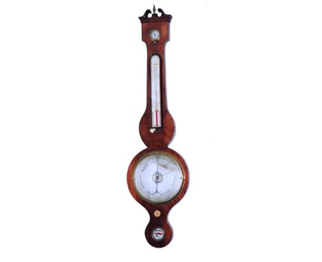 A VICTORIAN MAHOGANY FOUR GLASS WHEEL BAROMETER with 8" silvered dial, hygrometer, thermometer and level signed E Bevan, Birk