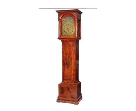 AN 18TH CENTURY WALNUT 8 DAY LONGCASE CLOCK the 14" brass break arch dial with Roman chapter ring, Arabic five minutes and ma