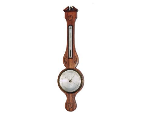 A LATE GEORGIAN MAHOGANY WHEEL BAROMETER the 8 1/4" silvered dial signed P Giardele, 89 Leather Lane, Holborn with spirit tub