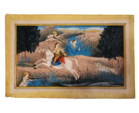 AN INDIAN MINIATURE painted lion hunting scene in a landscape, gouache, 10 x 18cm