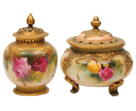 A ROYAL WORCESTER POT POURRI VASE AND COVER, painted with roses on a gilt heightened blush ivory ground, 13cm high, and anoth