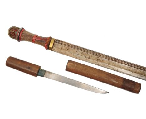 A 19TH CENTURY CHINESE SWORD with fluted and engraved steel blade and with red lacquered shagreen handle and pierced silver c