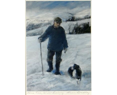 ALISON BRADLEY colour print - farmer and dog in the snow homeward bound, signed, 25 x 17cms (framed and glazed) Provenance: b