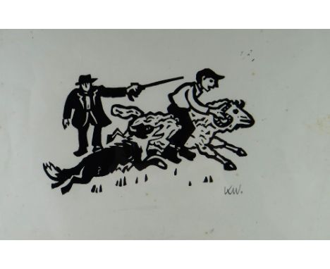 SIR KYFFIN WILLIAMS RA linocut - humorous self portrait of the artist riding a ram chased by a sheep dog with farmer and stic