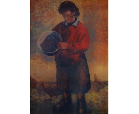 ANEURIN JONES colour print - full portrait of a standing lady feeding poultry, signed on mount, 40 x 28cms (framed and glazed