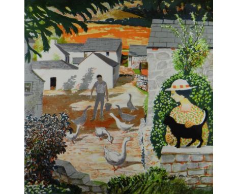JOHN ELWYN artist proof colour lithograph - farmyard scene with lady and cat and figure feeding geese, signed in pencil, 47 x