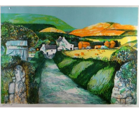 JOHN ELWYN artist proof colour lithograph - farmhouse with farm land and lane, signed, 42 x 58cms (framed and glazed)