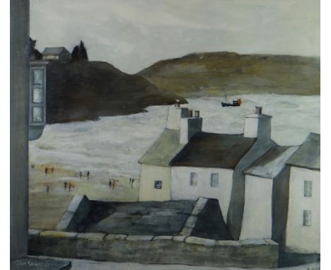 JOHN KNAPP-FISHER limited edition (360/850) colour lithograph - coastal village and figures on a beach, boat out at sea, sign