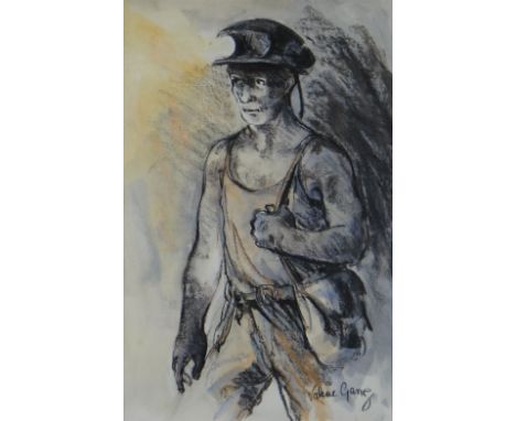 VALERIE GANZ mixed media - three quarter portrait of a standing miner in vest with satchel and head torch, entitled verso 'Ro